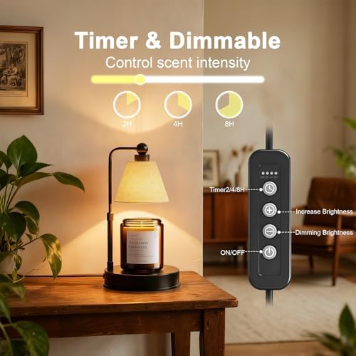 Candle Warmer Lamp with Timer, Dimmable, Adjustable Height, Modern Farmhouse Linen Shade, Black Candle Warming Lamp for Up to 6-Inch Jar Candles, 2 Bulbs Included - Image 2