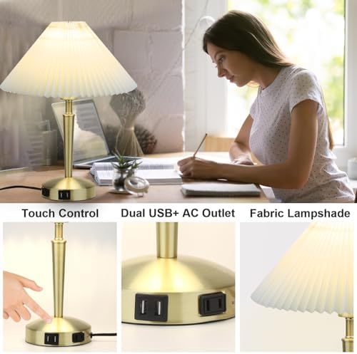 LALISU Touch Bedside Table Lamp, Fabric Shade Small Table Lamp, Gold - Image 5