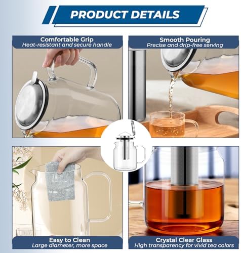 Aquach 85oz Glass Teapot with Infuser, Stovetop Safe Borosilicate Tea Pot - Image 4