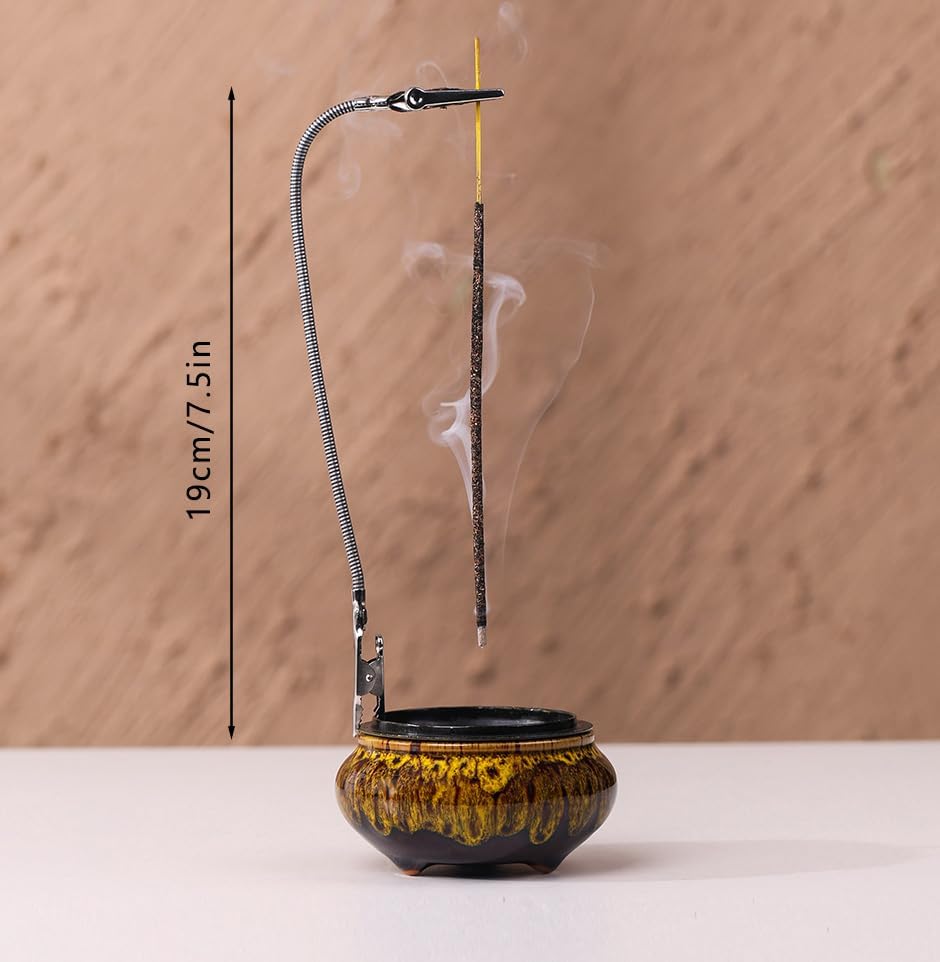 Incense Burner with Calabash Incense Stick Holder - Porcelain Charcoal Censer for Use with Resin Granular Powder Cone or Coil Incense (Fambe Yellow) - Image 2