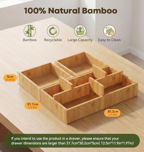 KOCWELL Bamboo Desk Drawer Organizer with Removable Dividers,Multi-Use Office Drawer Organizer Tray,Junk Drawer Organizers for Office,School,Kitchen,Makeup Supply（Original） - Image 3