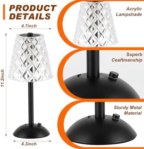 Liliful 2 Pcs Cordless Table Lamp LED Touch, Black, Diamond Style - Image 2