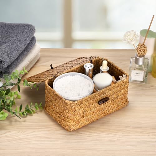 Hipiwe Small Seagrass Wicker Box with Lid Decorative Shelf Basket Bin - Image 2
