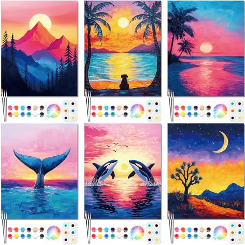 Dinifee 6 Pack Pre Drawn Canvas 8x10 Paint Kit for Adults, Sunset by Dinifee