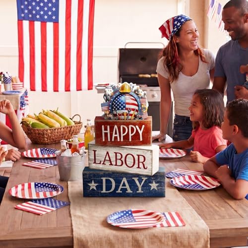 Moucuny 4 Pcs Labor Day Red White Blue Wooden Block Signs Table Decor - Image 4