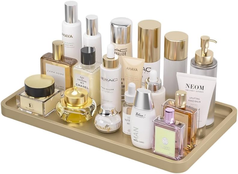 Weenson Gold Bathroom Vanity Tray for Countertop Decor Perfume Makeup Toiletries Toilet Tank, Large Bamboo Kitchen Tray for Spice Salt, Serving Tray for Food Coffee, Nightstand Candle 14.2”x8.3” by Weenson