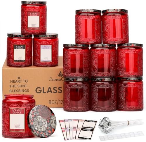 LumaCraft Luxury Embossed Glass Candle Jars for Making Candles - 12 Pack Empty Candle Containers with Lids, 20 Wicks & 20 Stickers, Colored Glass Jars for Gifts & Decor by Unknown