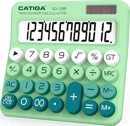 CATIGA Mechanical Switch Calculator with Solar and Battery Dual Power, 12-Digit Large LCD Display, Aesthetic and Cute Desktop Calculator with Big Button, for Home, School and Office Use, SD-1299 by CATIGA