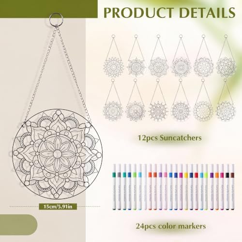 Humyoun 36 Pcs Suncatchers Crafts Kit DIY Paint Art Stained Glass Painting Craft Kits 24 Markers and 12 Suncatchers for Adults Home Decor Creative Projects (Mandala) - Image 2