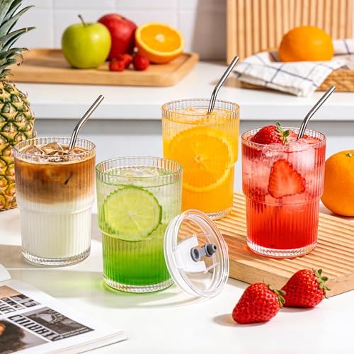 6 Pack 13oz Ribbed Glass Tumbler with Lid and Straw - Image 6