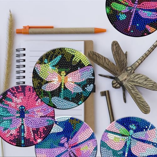 Demonwer 8 Pieces Dazzling Dragonfly Diamond Coasters Kits with Holder DIY Colorful Dragonfly Diamond Art Coaster Coaster for Gifts Beginner Adults Kids Art Table Home Craft Gift Supplies - Image 5