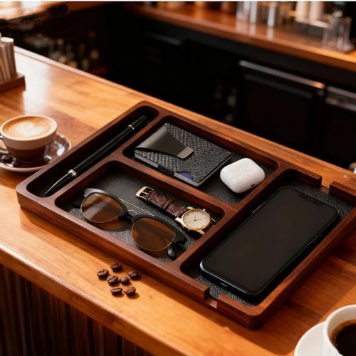 Wooden Valet Tray with Leather Inlay, Office Desk Organizer Tray, Nightstand Storage Tray, Multi-Purpose EDC Jewelry Storage Tray for Keys, Wallet, Watch, Phone & Earbuds (wood) - Image 4