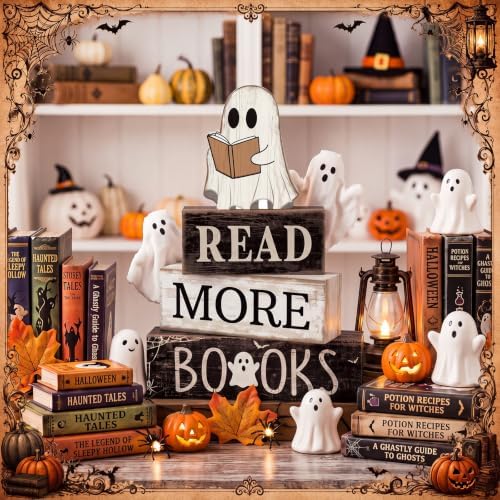 Moucuny 4 Pcs Halloween Table Decoration Wooden Ghost Reading Stacked Block - Image 3