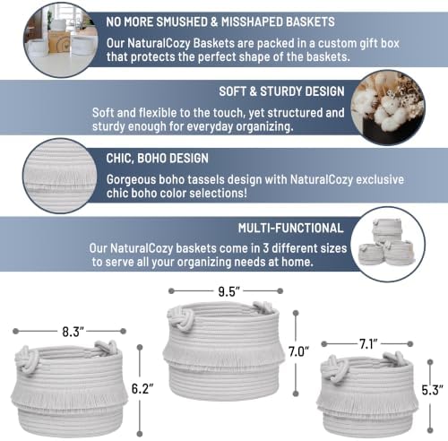 NaturalCozy 3-Piece Decorative Storage Basket Set – Cotton Rope Woven Baskets for Organizing! Small Storage Bins for Nursery Baby Stuff, Gift, Montessori, Dog Toy Bin, Cat Toys, Bathroom Shelves - Image 2