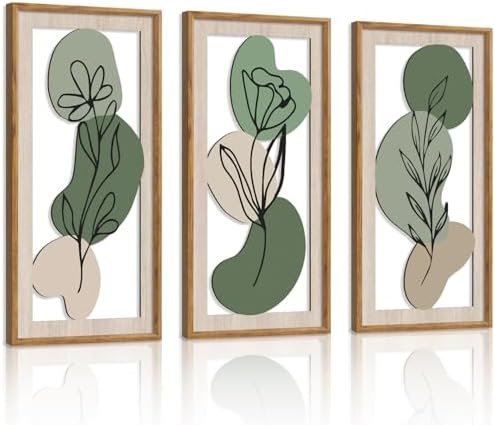 HPNIUB 3 PCS Minimalist Floral Wall Decor, Boho Green Geometric Hanging Wood Sign for Living Room, 8x16Inch Modern Bohemian Botanical Leaf Wooden Plaque for Apartment Bedroom Office Decoration by HPNIUB