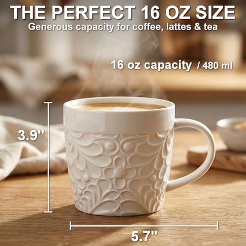 16 Oz Ceramic Coffee Mugs Set of 4, Rustic Embossed Nature Design, White - Image 5