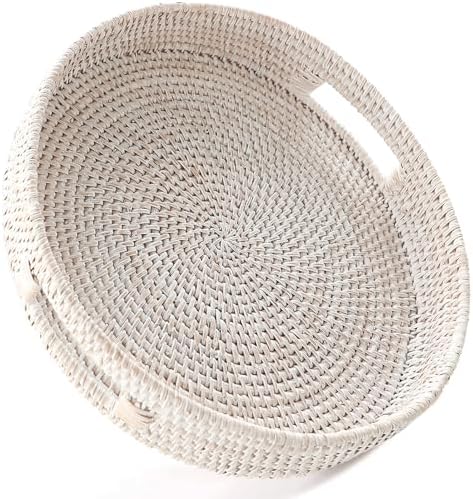 HITOMEN 11.8" Hand-Woven Round Rattan Serving Tray Decorative Wicker Trays with Handles for Coffee Table (Whitewash-M) by HITOMEN