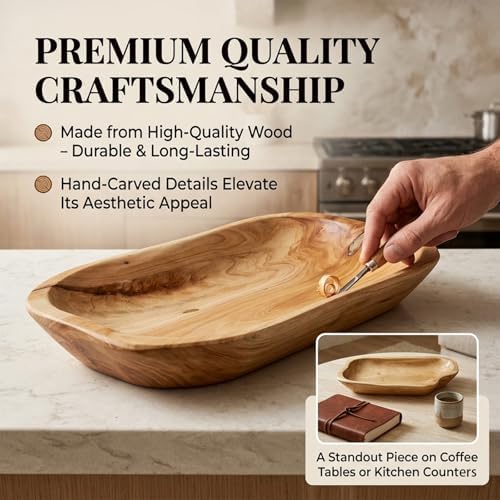 BTEOBFY Natural Wood Fruit Bowl, Unique Handmade Wood Serving Platter, Fruit Snack Dish for Sandwich Bread Serving, Appetizer Display, Vintage Ring Dish, Hand Carved Artworks，13-14in - Image 2