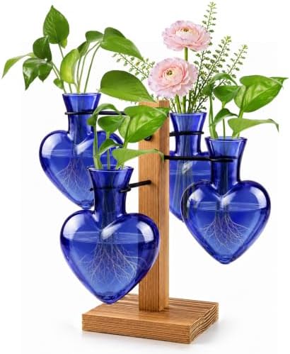 Plant Terrarium Propagation Station with 4 Heart Glass Vases - Deep Blue by Lovin+Product