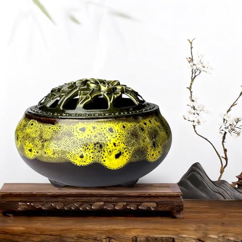 Ceramic Incense Burner, Bowl Burner,Cone Incense Burner with Brass lid for use with Stick or Cone-Shaped Incense，Lotus Incense Stick Holder Calabash Incense Stick Holder, 3pc (Fambe Yellow) - Image 2