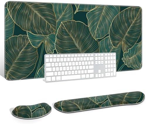 Auhoahsil Large Mouse Pad with Wrist Rests for Keyboard & Mouse, Thick Soft Ergonomic Memory Foam Wrist Supports, Big & Long Desk Mat 35.5 x 15.7 in, for Office Gaming Computer, Tropical Leaf by Auhoahsil