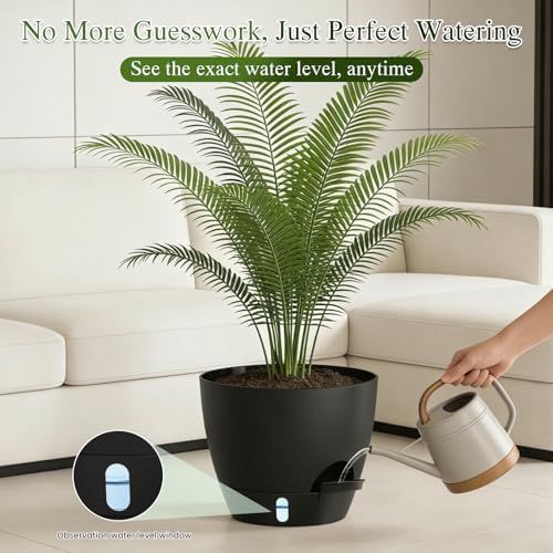 Plant Pots, 1 Pack 12 Inch Self Watering Pots with Drainage Holes, Water Level Indicator Deep Reservoir, Large Planters for Indoor Outdoor Plants - Black - Image 6