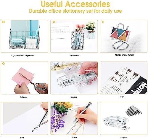 KAAKOW Silver Desk Organizers and Accessories Office Supplies Set Stapler, Pen Holder, Phone Holder, Scissors, Pen, Ruler, 30 Paper Clips, 22 Binder Clip, 20 Tacks and 1000pcs Staples - Image 5