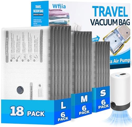 18 Packs Vacuum Bags for Travel with Rechargeable Pump, 3 Sizes Heavy Duty Vacuum Seal Bags for Clothing, Compression Vacuum Travel Bags for Luggage, Vacuum Packing Bags for Closet Organization by Wfiia