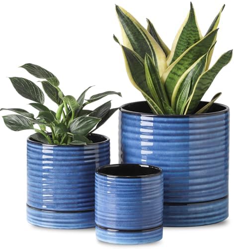 HASENSE Ceramic Pot for Indoor Plant, 8+6+4.6 Inch Planter with Drainage Holes and Saucer, Reactive Glaze Blue Flower Pots for Home Office Decor, Set of 3 by Hasense