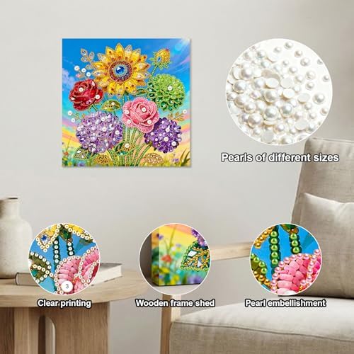 Xylzzuit Pearl Painting Kit with Frame 9.84x9.84IN Colorful DIY Gemstone Pearls Beads Art Craft for Adults Home Desktop Wall Decor (Flower02) - Image 4