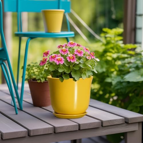 Ceramic Plant Pots - 5.6 Inch Planter with Drainage Hole and Saucer, Round Small Plant Pot for Indoor Outdoor, Modern Flower Succulent Orchid Pot, Desk Decor, Plant Lover Gifts, Yellow - Image 4