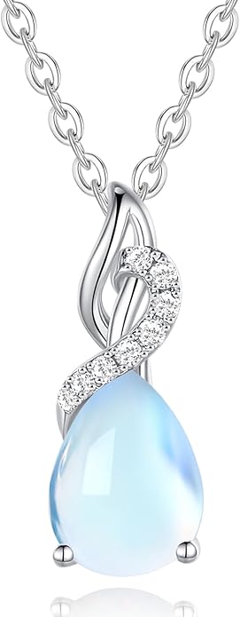 FANCIME 14K Solid White Gold Teardrop Pendant with Diamond Birthstone Necklace