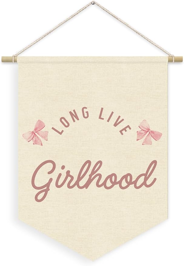 Girls Room Decor, Long Live Girlhood Girl Nursery Linen Canvas Banner, Coquette Pink Bow Wall Hanging Pennant Flag Banner for Girl Nursery Room Bedroom Dorm Decor, 15x11in