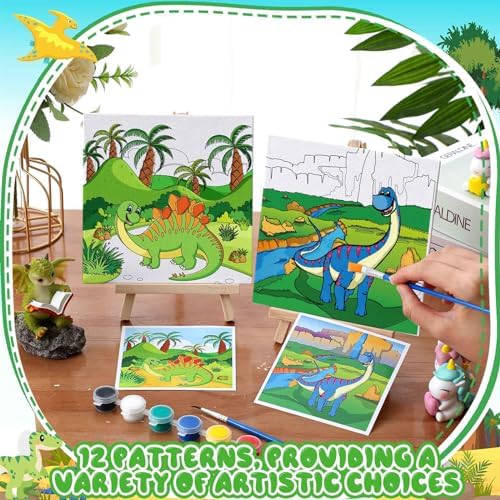 Tenceur 12 Sets Pre Drawn Canvas to Paint Adult Stretched Coloring Painting Canvas Panels with Design Easel and Brushes for Party Supplies Beginner Favor(Dinosaur) - Image 5