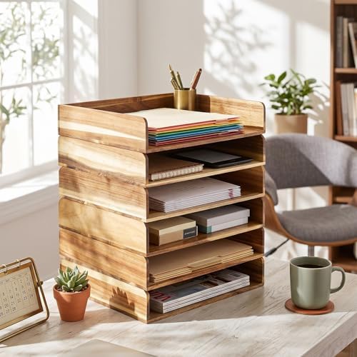 Novabright 6 Pcs Stackable Paper Organizer Tray Acacia Wood Desk Organizer Letter Tray Desktop Letter Size Office Wooden Desk Shelf Paper Holder Folder Organization Rack for File Document (Acacia) - Image 4