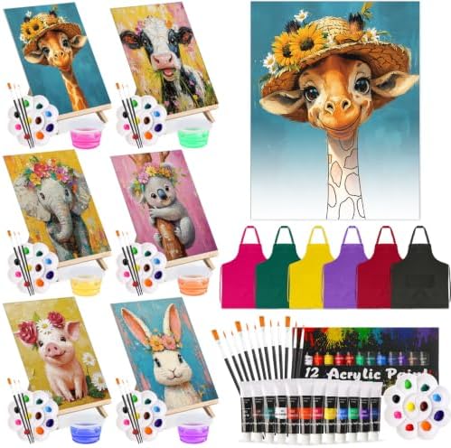 Cholemy 6 Set Paint and Sip Kit for Adults 8"x 10" Pre Drawn Canvas Painting with Wooden Easel Acrylic Paint Wash Cup Brushes Palette Apron for Painting DIY Adult's Date Party Supplies(Flower Animal) by Cholemy