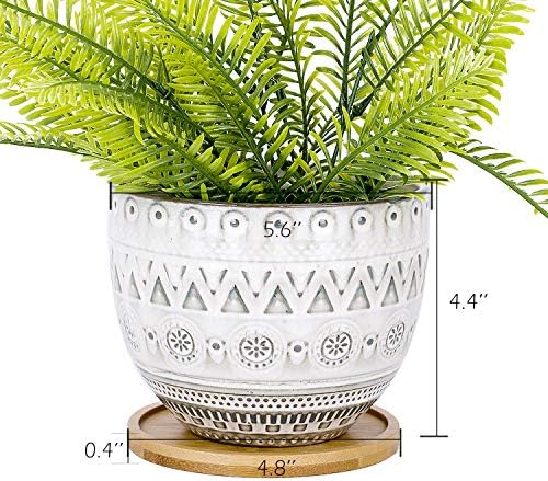 VanEnjoy 5.6 inch Large Round Bohemian Style Ceramic Planter, Geometry Engrave Off White Brown Succulent Planter Flower Pot, Indoor Outdoor Decorative Planter - Image 2