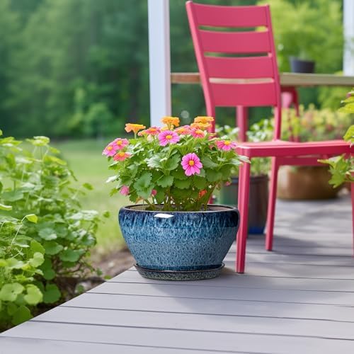 Ceramicfor Ceramic Planter 11 Inch - Ceramic Pots for Plants Indoor Outdoor, Large Plant Pot with Drainage Hole and Saucer, Decorative Round Planter, Plant Lover Gifts, Garden Decor, Blue - Image 3