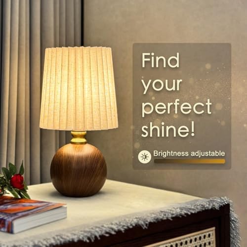 Small Pleated Table Lamp Set of 2 for Bedroom, Mini Bedside Lamps for Nightstand with Round Fabric Linen Shade, Dimmable Desk Lamp, Cute Table Lamps for Small Spaces for Living Room, Kids Room - Image 3