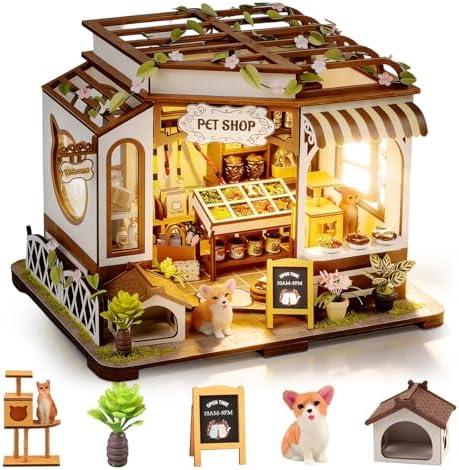 DIY Miniature House Kit, Pet Shop Book Nook Kit with LED Light, 3D Wooden Puzzle Bookshelf Decor Mini Model Building Kit, Birthday Gifts for Family & Friends by Lovelyhome