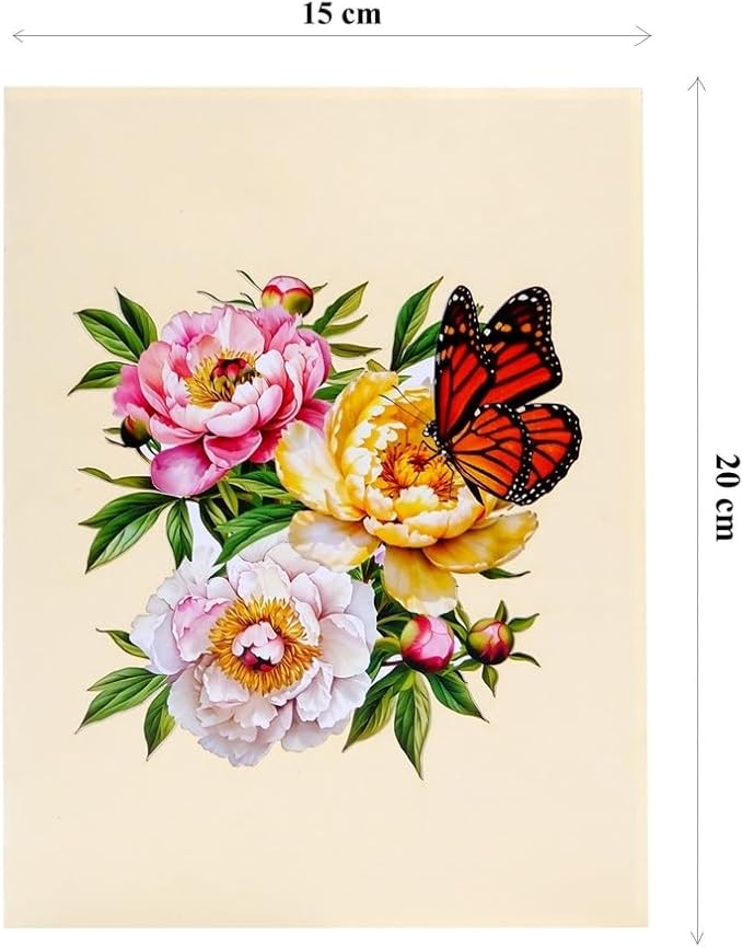 3D Pop Up Greeting Card – Vibrant Butterfly with Colorful Peony Flowers – Unique Card for Birthday, Mother’s Day, Anniversary & Special Occasions, F61