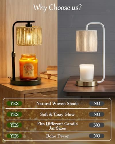 Candle Warmer Lamp, Timer Dimmable Candle Lamp, Adjustable Height and Brightness Black Candle Warmer, Boho Rattan Lampshade and 2 Bulbs, Suitable for Home Decor, Birthday Gifts for Women Mom - Image 7