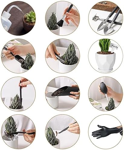 Melphoe 25Pcs Mini Garden Hand Transplanting Succulent Tools Set, 39.4" Thickened Repotting Mat & Plant Tag, Miniature Planting Indoor Fairy Care, Potting, Cactus, Houseplant Bonsai Tool Kit (Black) - Image 2