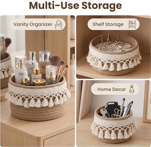 3 Pack Woven Basket,Macrame Makeup Basket,Boho Vanity Cosmetics Desk Storage Baskets,Natural Cotton Rope Pantry Table Organizer Bins for Bedroom Living Room Bathroom School Shelves Office Desk - Image 3