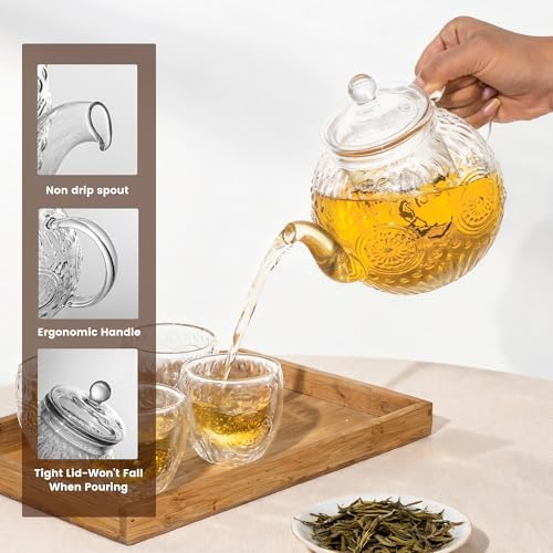 Bandesun Vintage Glass Teapot Set with 4 Cup, 32oz Borosilicate Tea Pot with Removable Infusers for Blooming and Loose Leaf Tea, Tea Warmer with Candlelight, Stovetop Safe, Gift for Women and Adults - Image 2