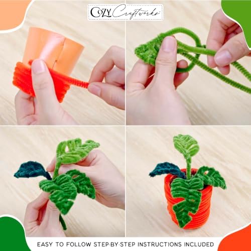 WeVeel Cozy Craftworks Four Small Plants Chenille Stem Craft Kit Bundle for Teens & Adults – Mindful DIY Plant Craft, Tactile Pipe Cleaner Art Kit with QR Video Tutorials - Image 3