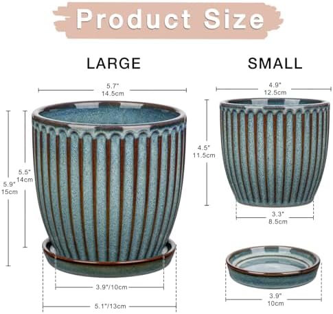 Oairse Ceramic Pots for Indoor Plants, 4.9 +5.7 inch Pots for Plants Set of 2 Marble Blue Plant Pots with Drainage Holes and Saucers Texture Ceramic Planters Indoor Outdoor Flower Pots for Succulent - Image 3