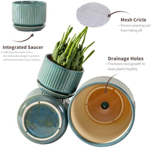 SURE YUESI Ceramic Plant Flower Pots for Indoor Plant, 4.33"+5.5"+6.88", Set of 3, Orchid Pot with Drainage Hole, Saucer and Hole Mesh Pad for Succulents, Herbs and African Violet (Light Blue) - Image 7