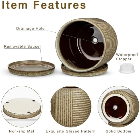 Oairse Ceramic Pots for Indoor Plants, 6.1 +4.9 inch Pots for Plants Set of 2 Brown Plant Pots with Drainage Holes and Saucers Texture Ceramic Planters Indoor Outdoor Flower Pot for Succulent - Image 2