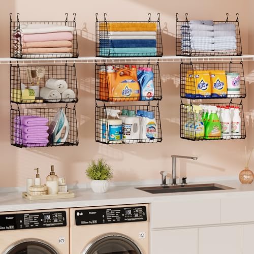 Sonyabecca 3-Pack Hanging Laundry Baskets, Foldable Metal Wire Shelves with 360° Rotating Hooks, Space-Saving Over Washer/Dryer or Closet Storage for Laundry Room & Closet Organization, Black - Image 5